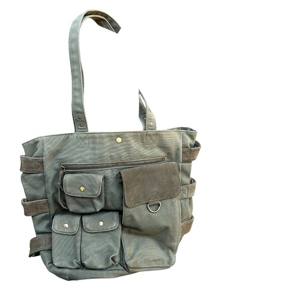 Levenger Army Green Canvas Suede Leather Tote Shoulder Laptop Bag - Picture 3 of 10